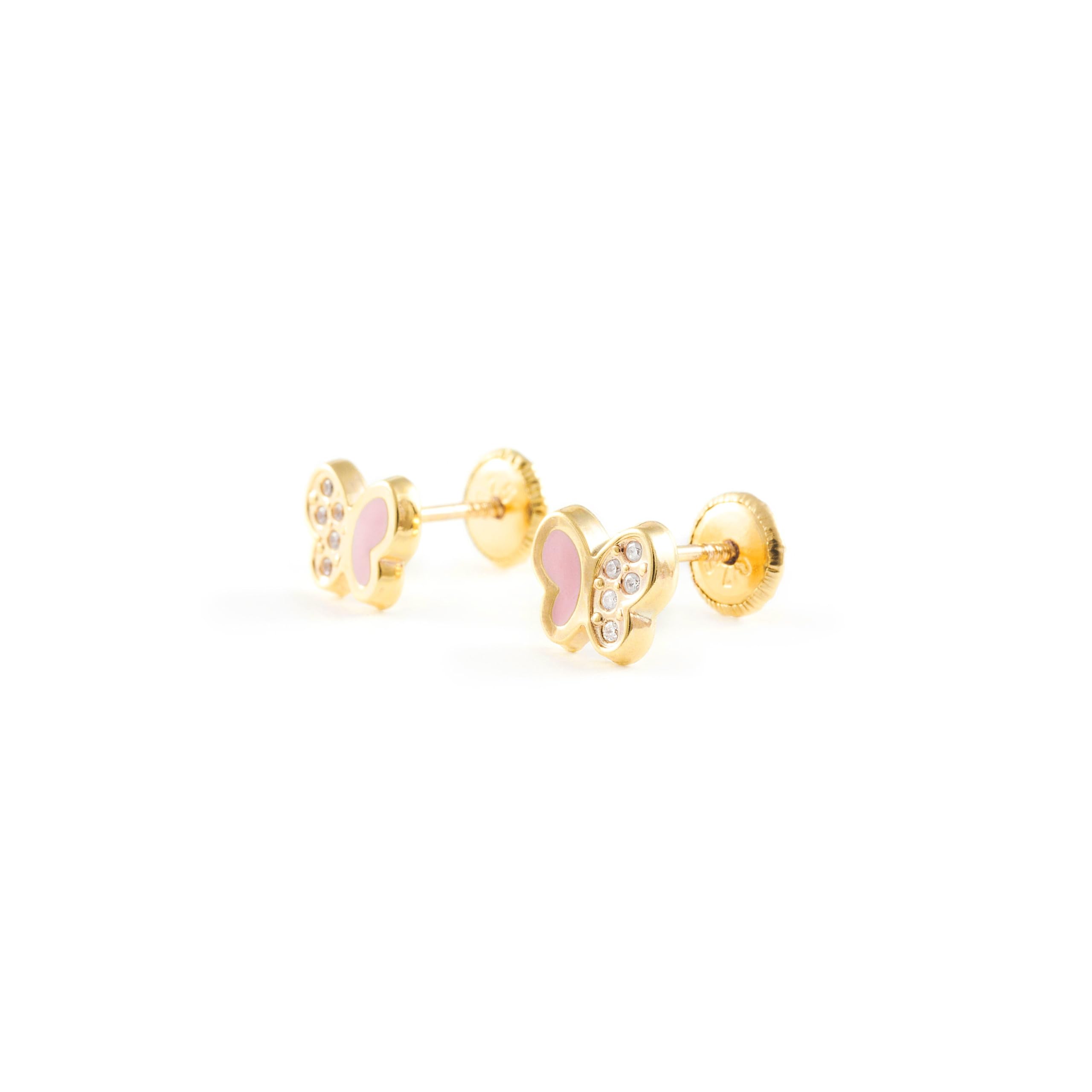Damen & Kinder rosa Schmetterlings Ohrstecker - Gelbgold 9 Karat (375) - Geschenkbox - Garantiezertifikat