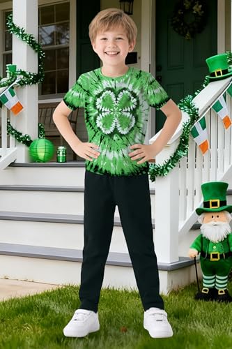 Image of TMSD Unisex Kids St.Patrick's Day T-Shirt Short Sleeve Crew Neck Clover Shamrock Tee 4-14 Years