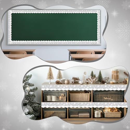 Image of BeYumi Winter Snowflake Border Trim - 65ft Winter Christmas Gray Snowflake Scalloped Rolled Border Trim Xmas Snowflakes Themed Bulletin Board Borders School Classroom Office Chalkboard Party Decor