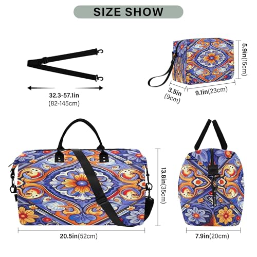 Mexican Style Ceramic Tiles Travel Duffel Bag for Women Weekend Overnight Dag with Toiletry Bag, Luggage Bag for Travel, Sport, Gym3