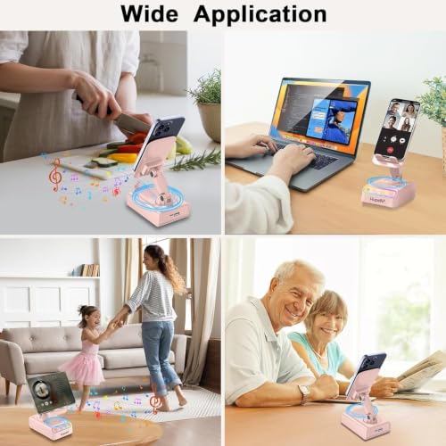 Image of 2026 Gifts for Mom Dad, Adjustable Cell Phone Stand with Wireless Induction Bluetooth Speaker, HD Surround Sound & RGB Rhythm Lights, Foldable Portable Stand for Desk, Kitchen Counter, Home Office