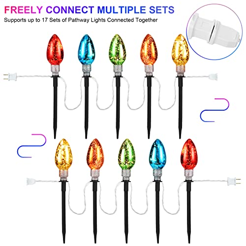 Pathway Lights for Outdoo,C9 Christmas Multicolor Pathway Lights, 8.5Ft Outdoor Christmas Pathway Markers Stakes Lights with 5 Jumbo C9 Multicolor LED Bulbs