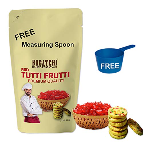 Image of BOGATCHI Red Tutti Frutti for Decorations, Sprinkles for Cakes and Ice-Creams, Red Tutti Frutti, Delicious and Tasty, 200g with Free Measuring Spoon