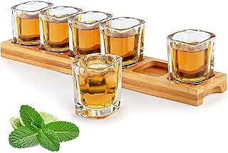 Shot Glasses Set Holder and Shot Glass Cups Bulk 60ml Set of 6 Cocktail Drinks Serving Board Organizer with Clear Crystal Glasses for Liquor Shots Whiskey Brandy Vodka Rum Home Party Bar