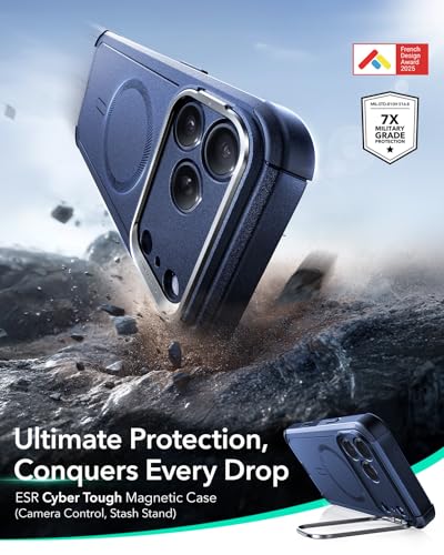 Image of ESR for iPhone 17 Pro Max Phone Case with Stand, 23ft Military-Grade Drop Protection with Camera Control, Shock-Absorbing Rugged Cover, Compatible with MagSafe Accessories, Cyber Series, Blue
