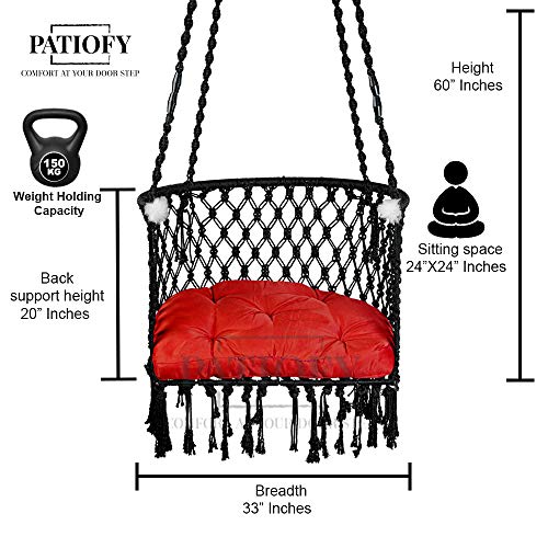 Image of Patiofy Made in India Premium Cotton C-Swing Chair for Adults, Kids Hammock-Hanging Chair Swing with Red Color Cushion and Accessories (Black)