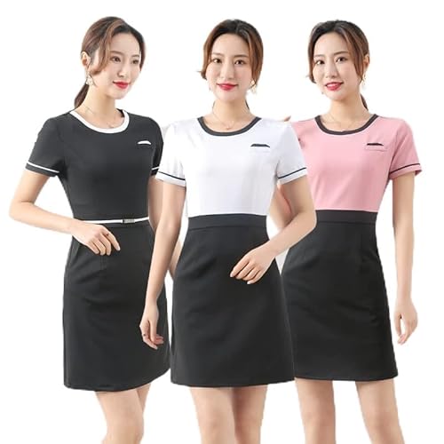 2023新型エステ ユニフォーム サロン通勤美容師作業服レディース女性 制服 おしゃれ 半袖 ワンピース養生館 SPAハイエンド ファッション技師服 ネイル 美容 (M, ピンク)