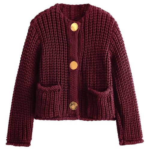 Yimoon Women's Cropped Cardigan Sweater Button Down Chunky Knit Sweater Long Sleeve Fall Open Front Cardigan(DarkRed-M)