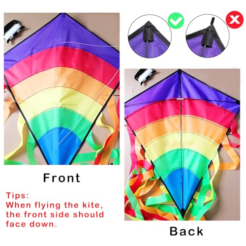 Drachen Kinder, Regenbogen Einleiner-Flugdrachen ab 3 Jahren - 64x75cm - inkl. 100m Drachenschnur und Streifenschwänze