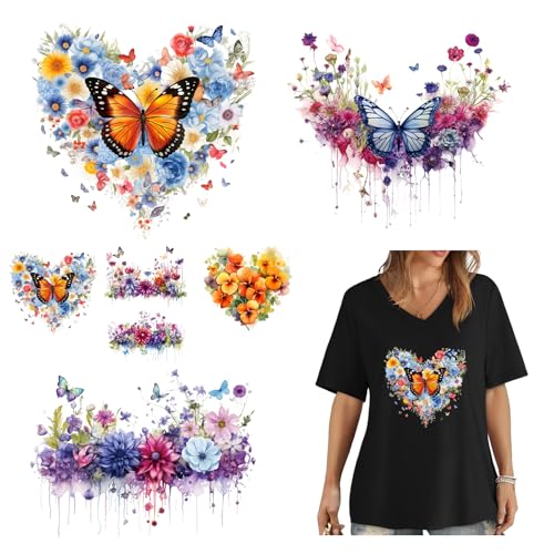 7PCS Iron on Transfer Patches Washable Heat Transfer Decals for T-Shirt Pillow Clothing Bags Hoodies Heart Shape Butterfly Flower Design DIY Decoration Stickers Crafts Supplies
