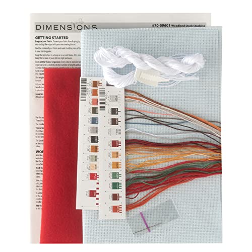 Image of Dimensions 70-09601 Woodland Stack Counted Cross Stitch Christmas Stocking Kit, 16 inch Long, 14 Count Light Blue Aida, 6pcs