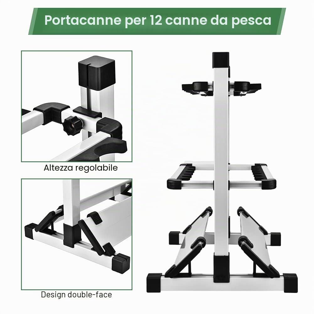 Portacanne da Pesca, Canna da Pesca Supporto Portatile per 12 Canne da Pesca, Espositore da Pesca in Lega di Alluminio, 44.5 x 50 x 32.5cm