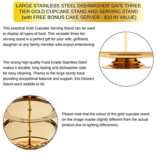 Akshithaa Large Food Grade Stainless Steel Three Tier Gold Cupcake Stand-Gold Dessert Stand-Gold Serving Tray-Three Tiered Gold Cake Stand For Weddings With Extra Gold Cake Server, Dishwasher Safe #TOP7