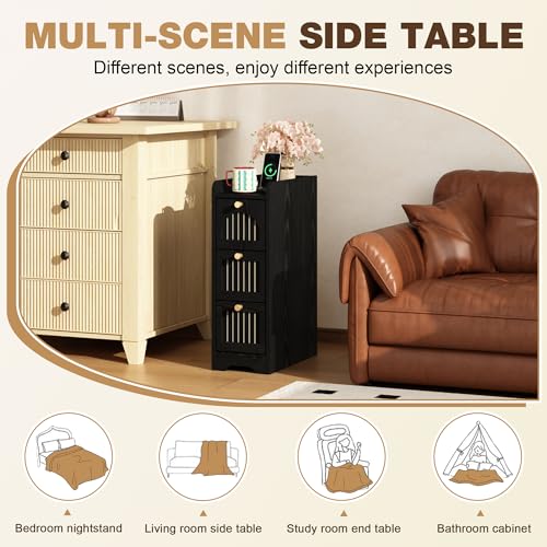 Image of 7.87 inch Narrow Nightstand Set of 2, Fluted Slim Bedside Table with 2 Drawers, Mid Century Modern Small End Table with Gold Metal Handles, for Bedroom, Living Room & Small Spaces - Black