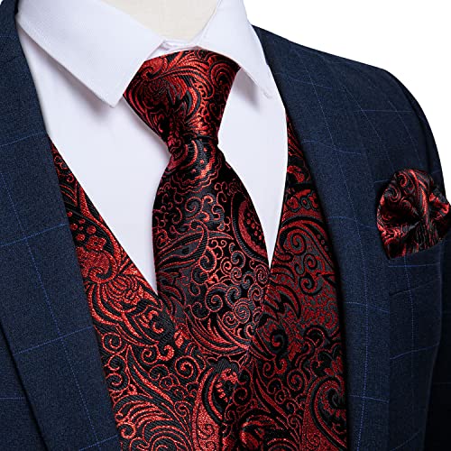 Dibangu Formal Men Red Black Vest Paisley Jacquard Silk Tie Suit Waistcoat Set Wedding 5Pcs #TOP1