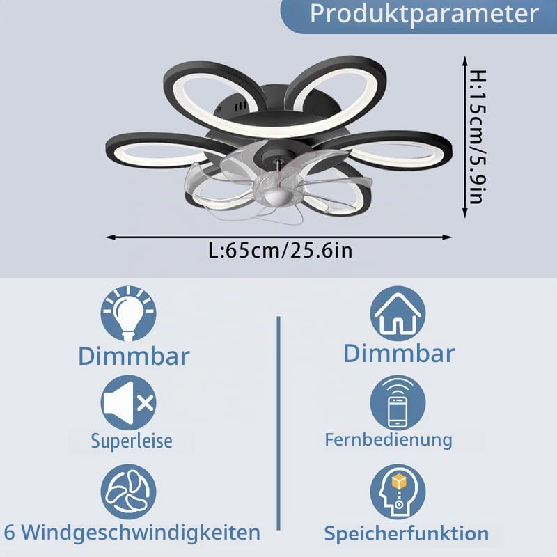 LED Deckenventilator Mit Beleuchtung Leise Dimmbar Blume Lampe Mit Ventilator FüR Schlafzimmer Fernbedienung Reversibel Deckenlampe Mit Ventilator Smart Modern 65cm FüR Wohnzimmer, KüChe, Schwarz