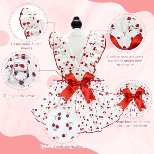Image of CuteBone Cotton Dog Dress Cherry with Leash Ring & Sleeve Ruffles, Soft & Breathable, Stylish Pet Clothes Outfit for Small Dogs, Comfortable & Easy to Wear CFX01XS