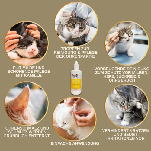 EMMA Ohrentropfen Katze 100ml – milder Ohrreiniger mit Kamille I Ohrenschmalz Entferner & Ohrenspülung gegen Juckreiz, Geruch & Verschmutzungen I Sanfte Ohrpflege für empfindliche Haustiere
