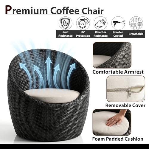 Image of OUTLIVING Outdoor Two Seater Rattan & Wicker Conversation Mudda Set | UV & Water Resistant Patio & Garden Furniture Set with 2 Cushioned Chairs & Glass Top Center Table | Black & White