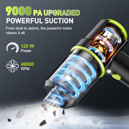 Image of KMM Handheld Car Vacuum Cleaner, 9000PA Vacuum Cleaner & Air Duster, 120W High Power Vacuum Portable Cordless, Hand Held Vacuum Rechargeable with Multi-Nozzles & LED Light for Home, Car, Office