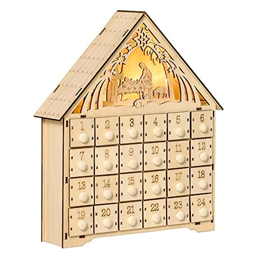 HOMCOM Calendario de Adviento de Madera con Luces Calendario de Navidad con 24 Cajas de Cuenta Regresiva Decoración Navideña para Rellenar 26,6x6x30 cm Natural