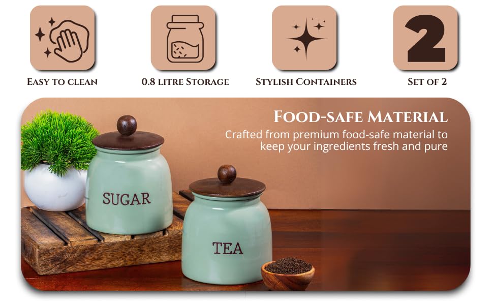 Image of Metallure Home Modern Kitchen Set | Air Tight Containers for Kitchen Storage | Tea Sugar Container Set of 2 | Wooden Lid Container | Food-Safe Metal Containers | Jar Container Set for Home (Green)