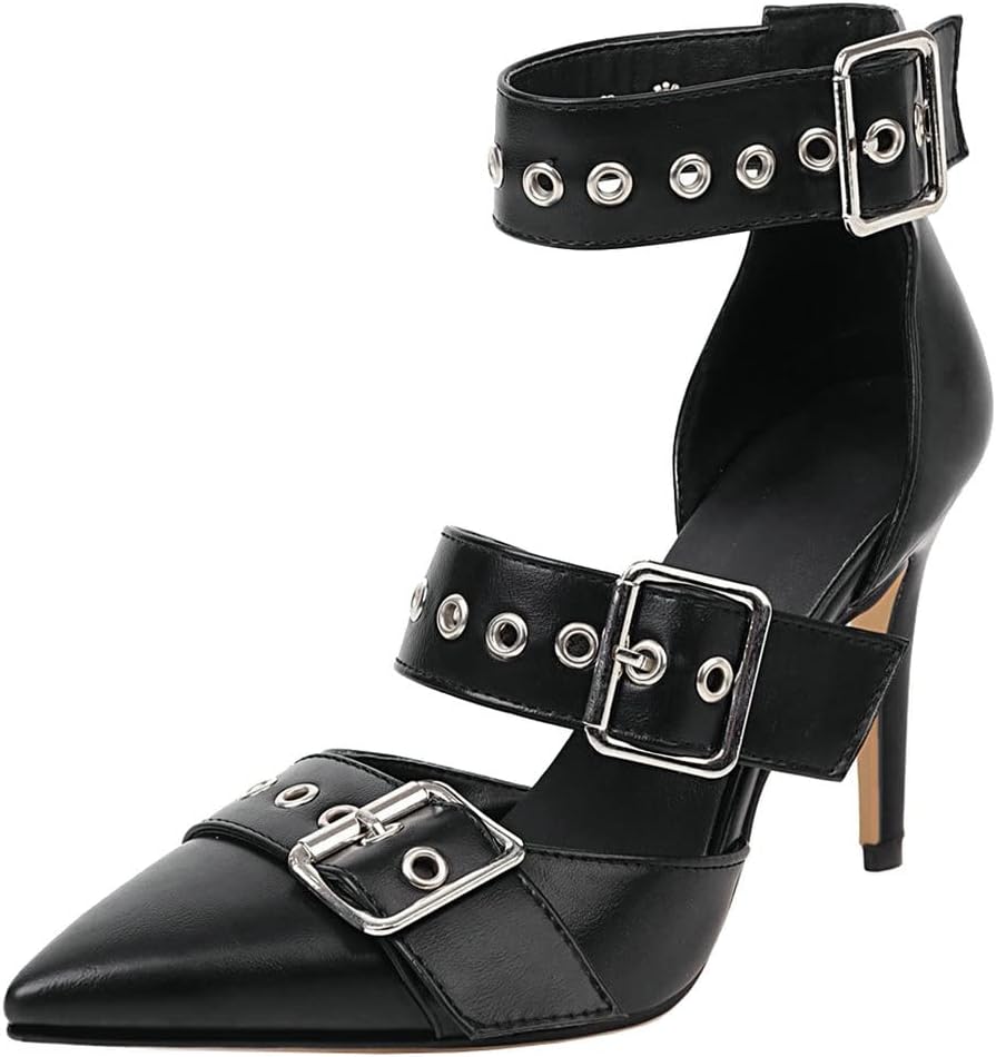 KOKOMOMO Womens Goth Pointed Toe Mary Jane Heels Multi Buckles Strappy Stiletto High Heeled Sandals Ankle Strap Pumps