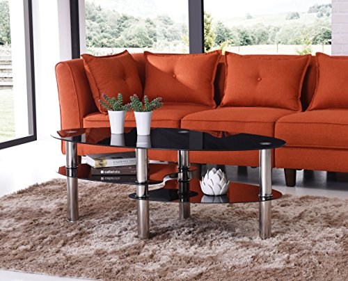 Hodedah Three Tier Oval Tempered Glass Coffee Table, Black #TOP1