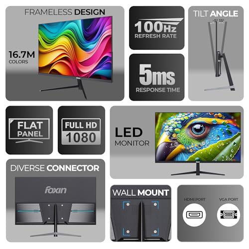 Image of Foxin 22 Inch FHD Flat LED Monitor 1920x1080 Pixel Elite Series | Flat Panel, HDMI & VGA Port, 100Hz Refresh Rate, Frameless, Slim Bezel, Wall Mountable, 16.7 M Colors | 3 Years Warranty | Black