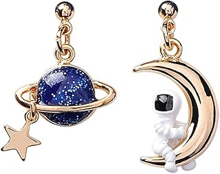 Creative Cartoon Astronaut Stud Earrings Asymmetric Spaceman Star Moon Drop Earrings Cute Blue White 3D Astronaut Planet Charm Jewelry for Women Girls (Blue)