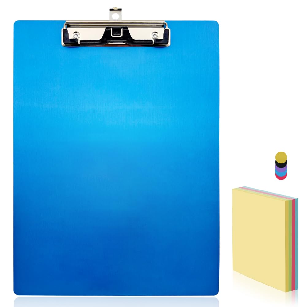Aluminum Office Clipboard Metal Stainless Hangable Pen Holder Low-Profile Clip Size A4 9" x 12.6" with Sticky Note for School Office Business Medical