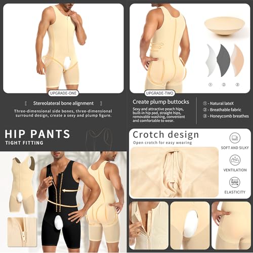 Men's Shapewear Bodysuit Padded Butt Booster Tummy Control Sleeveless Full Body Shaper Compression Thigh Slimming Suit3