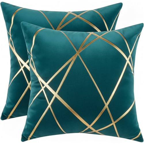 Miuyunya Housse Coussin 45x45 Bleu Canard Velours Coussin Decoratif Canape Moderne Aesthetic Taie d'oreiller Lignes Dorées Boheme Vintage Decoration pour...