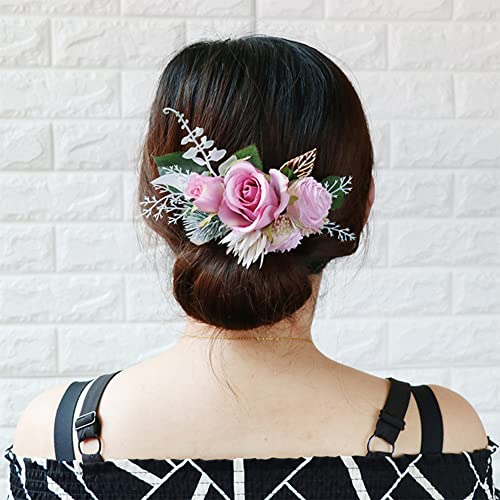 Mafeloe Bridal Hair Comb, Wedding Hair Side Comb Artificial Flower Hair Clip Headpiece For Brides And Bridesmaids-Dark Pink #TOP5
