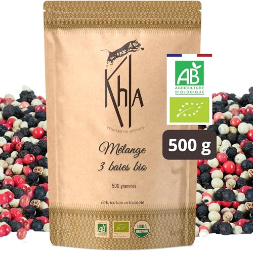 Khla - Pimienta Tricolor 500 g - Pimienta Negra y Blanca de Kampot & Pimienta Rosa - Certificada Orgánica - Producción Limitada - Especias Directas del Productor - Origen Camboya y Madagascar