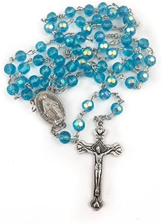 Nazareth Store Light Blue Aquamarine Beads Rosary Necklace Crystallized Communion Rosary with Miraculous Medal & Jesus Cross - Image 7