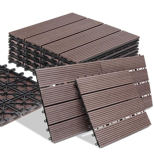 BAKAJI Set 11 Pezzi Piastrelle in WPC da Giardino con Sistema di Drenaggio Acqua, Pavimento Piastrella Resistente Agli Agenti Atmosferici Ideale per Esterno, Patio, Balcone, Terrazzo (Tortora)