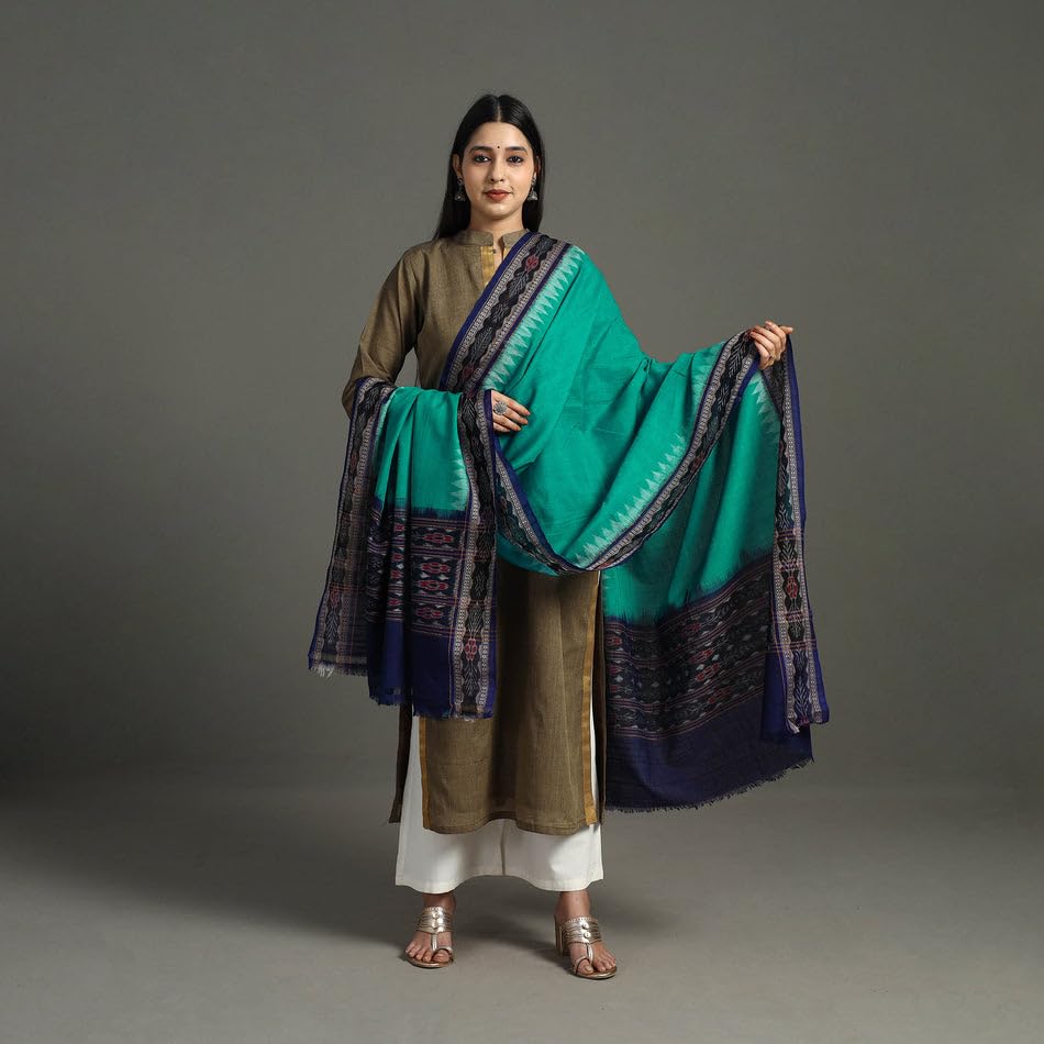 Image of Cotton Dupatta with weaving and Ikat woven border from the Weavers Stole for Girls & Women