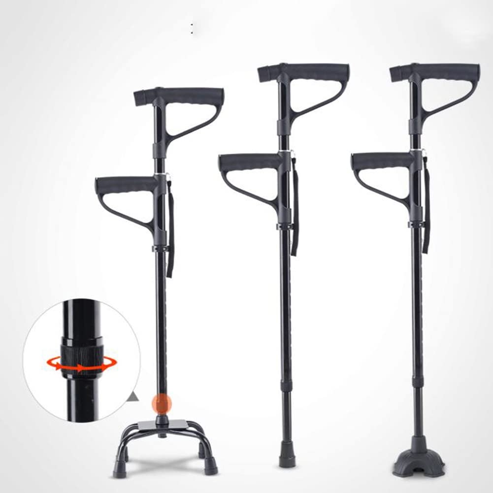 Bastón cuádruple Ajustable, bastón de Doble asa para Ancianos con luz LED, bastón Multifuncional para Ancianos discapacitados, Ligero y Antideslizante (Negro) (Color : A)