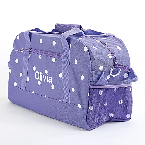 Lillian Vernon Personalized Duffel Bag for Kids, Roomy Purple and White Polka Dot Weekender With Front & Side Compartment, Customizable Girls Sports & Travel Bags With Custom Name, 9" x 10 ½" x 19"2