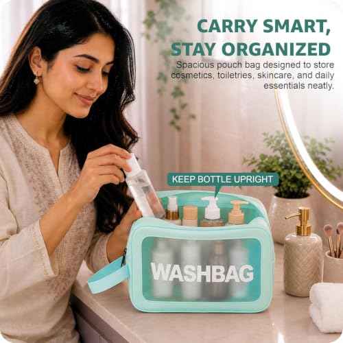 Image of Makeup Pouch Bag PVC Travel Toiletries Organizer Cosmetic Bags Wash Bag Pouch for Travel Kit Toiletry Bag Portable Organizer Case Carry Pouch for Women Bathroom Set of 3 (Green)