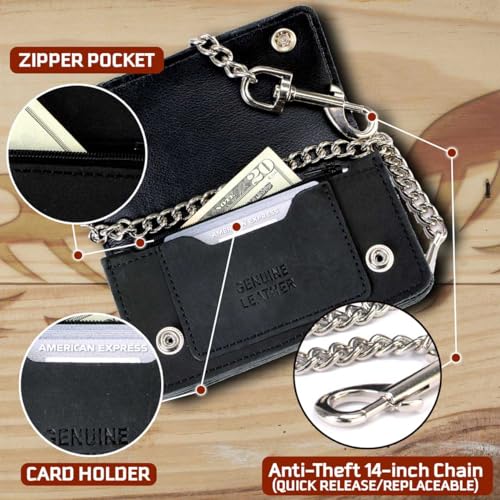 Image of Milwaukee Leather MLW7889 Men's 7.5 inch Black Premium Leather Soft Biker Wallet - Bi-Fold Anti-Theft Stainless Steel Chain