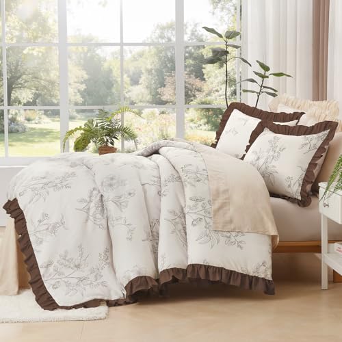 Image of Litanika Beige Brown Twin Comforter Sets, 2 Pieces Coffee Ruffle Floral Farmhouse Bedding Comforter Sets, All Season Soft Lightweight Fluffy Microfiber Bed Set(66x90In Comforter, 1 Pillowcase)
