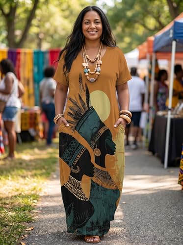 Image of Plus Size Maxi Dress for Women Short Sleeve V Neck Casual Loose Sundress with Pockets