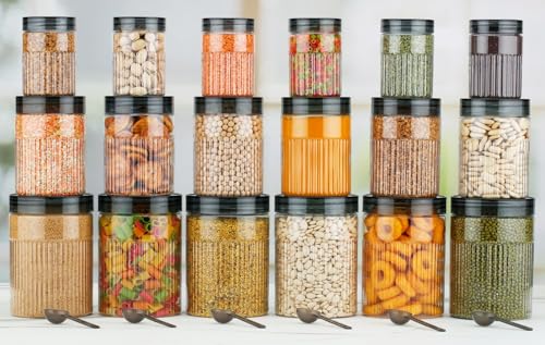 Image of pet Food Storage Containers Set with Airtight Lids, Kitchen Organisation Jars for Pasta, Spices, Dry Goods, Stackable (18 Pcs BLACK)