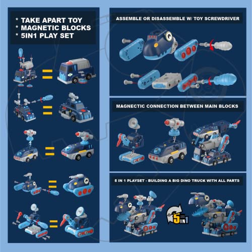 Toys For 5+ Year Old Boys, Take Apart Dinosaur, Magnetic Building Blocks Vehicles Play Set, 5 In 1 Cars & Trucks Transform Into Robot Dino T-Rex, Engineering Stem Toys & Gifts For Boys & Girls #TOP2