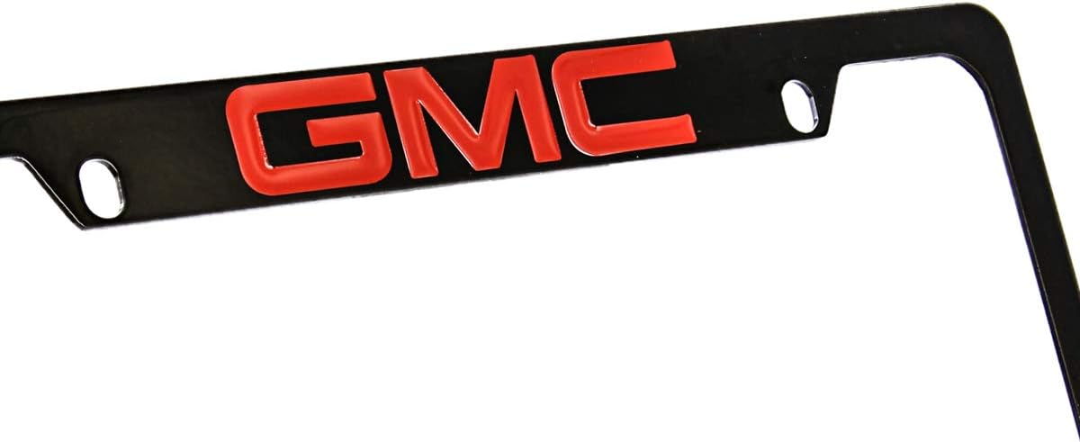 GMC Logo License Plate Frame Holder (4 Hole & Top Engraved, Black Frame & Red Imprint)