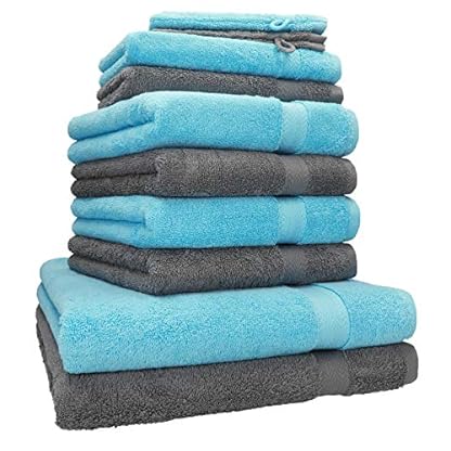 Betz 10-TLG. Handtuch-Set Premium 100% Baumwolle 2 Duschtücher 4 Handtücher 2 Gästetücher 2 Waschhandschuhe Farbe Türkis & Anthrazit