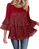 Bebonnie Holiday Outfits for Women 2025: Women's Ruffle Sleeve Fall Winter Fashion Elegant Sparkly Sequin Casual Dressy Shirts Fancy Mesh Blouses Christmas Flowy Dance Party Tunic Tops Star Red M