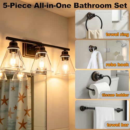 Image of Oil Rubbed Bronze 3-Light Bathroom Vanity Light and Accessories Kit, 5-Piece All-in-One Bathroom Light Set Includes Oil Rubbed Bronze 3-Light Vanity Light,Robe Hook,Tissue Holder,Towel Bar,Towel Ring